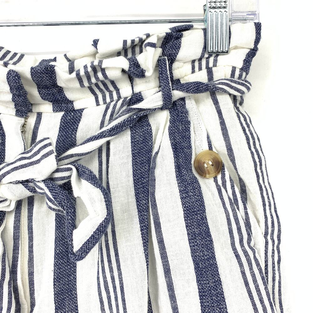 Topshop Shorts Women's Size 6 Cotton-Linen Striped Paper Bag White/Blue - Picture 3 of 7